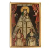 Anónimo, Virgen con el Niño, santa Bárbara y santa Lucía, Óleo sobre fibracel