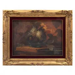 M. Ruiz, Bodegón con uvas y hojas de parra, Óleo sobre tela