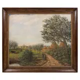 Manuel Berquen, Paisaje con trojes y vacas, 1949, Óleo sobre tela