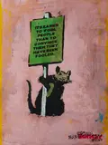Reverse Milking a Dead Rat by Not By Banksy By Not Not Banksy, 2019, Mischtechnik (Sprühfarbe, Stencil, Farbe und Gummistempel) auf industrieller Sperrholzplatte, sold Sep 2020