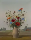 Herbert Böttger, Wiesenstrauß in grauem Krug auf Fensterbank mit Wassertropfen, 1944, Öl auf Leinwand