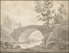 Ludvík Kohl, Angler unter einer Brücke, Aquarell über schwarzem Stift auf Papier