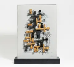 Liberté by Arman, 1991, Farblithografie auf Velin zwischen transparenter und schwarzer Plexiglasscheibe mit montierten Stempeln auf schwarz lack, sold May 2021