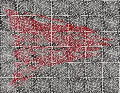 Thomas Bayrle, Komposition A (schwarz/rot), 1985, Stempel auf Leinwand
