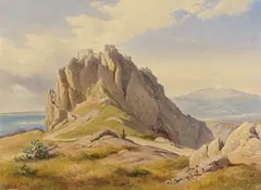 Burgruine auf Sizilien mit Blick auf den verschneiten Ätna im Hintergrund by Carl Hummel, Aquarell auf Papier, sold Nov 2020
