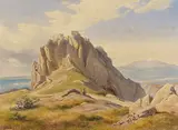 Carl Hummel, Burgruine auf Sizilien mit Blick auf den verschneiten Ätna im Hintergrund, Aquarell auf Papier