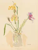 Oskar Kokoschka, Gelbe und violette Iris, 1960, Farblithografie über gelblichen Fond auf Velin