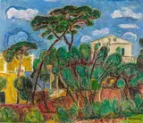 Hans Purrmann, Häuser umgeben von Pinien, Vermutlich 1955 oder 1957, Öl auf Leinwand