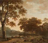 Joris van der Hagen, Wald- und <br />Flusslandschaft mit <br />Tierstaffage, Öl auf Leinwand