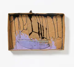 "Herbstanfang" by Felix Droese, 1994, Bemalter Pappkarton mit zwei Glasscherben, sold Dec 2020