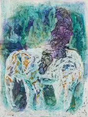 "Elefant mit Selbst" by SEO, 2003, Papiercollage und Tusche auf Packpapier, sold Jun 2023