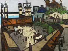 Claude Venard, Paysage portuaire, Öl auf Leinwand