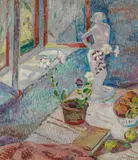 Oskar Moll, Petunie und Plastik am Fenster, Um 1911/12, Öl auf Leinwand