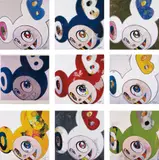 And Then x6 (White: The Superflat Method, Pink and Blue Ears); And then x6 Blue; DOB in Pure White Robe (Pink & Blue); And then and then and then and then and then; And then x6 Red; And Then x6 (White: The Superflat Method, Blue and Yellow Ears); And Then, And Then And Then And Then And Then. Yellow Universe; DOB in Pure White Robe (Navy & Vermillion); and And then, and then and then and then and then / Kappa by Takashi Murakami, 2001-2013, Nine offset lithographs in colours, on smooth wove paper, the full sheets,, sold Jun 2015