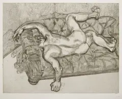 Lucian Freud, Naked Man on a Sofa, c. 1985, Etching, on Somerset Satin paper, with full margins,