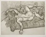 Lucian Freud, Naked Man on a Sofa, c. 1985, Etching, on Somerset Satin paper, with full margins,