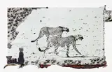 Peter Beard, Hunting Cheetahs on the Taru Desert, Kenya, June, 1960, Gelatin silver print with ink, blood, four affixed gelatin silver prints and feather, printed later