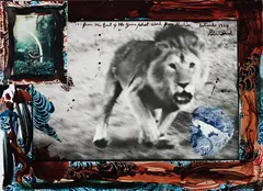 Loliondo Lion Charge by Peter Beard, 1964, Gelatin silver print with ink, blood, affixed Polaroid and photograph, printed later, sold May 2015