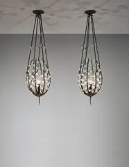 Pair of 'Perles' lanterns by André Dubreuil, 1988, Painted iron, bronze, crystal, sold Apr 2015