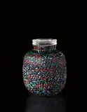 Unique lidded vase, model no. 1, from the 'Foglie di Ninfee' series by Yoichi Ohira, 2006, Handblown glass canes and powder inserts, partial battuto glass and incised surface, sold Apr 2015