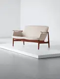 Two-seater sofa, model no. NV53 by Finn Juhl, circa 1953, Teak, fabric, brass, sold Apr 2015