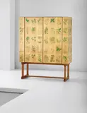 Josef Frank, Rare and early 'Flora' cabinet, circa 1938, Mahogany-veneered wood, mahogany, birch, brass, printed paper