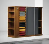 Rare double wardrobe and room divider, designed for la chambre d’étudiant de la Maison du Brésil, Cité Internationale Universitaire de Paris by Le Corbusier and Charlotte Perriand, 1956-1959, Oak, painted oak-veneered wood, plastic, painted metal, offered Apr 2015