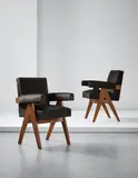 Pair of 'Committee' armchairs, model no. PJ-SI-30-A, designed for the High Court, Assembly and Punjab University administrative buildings, Chandigarh by Pierre Jeanneret, circa 1953-1954, Teak, hide, sold Apr 2015
