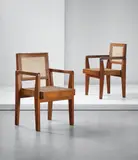Pair of 'Take down' armchairs, model no. PJ-SI-20-A, designed for private residences, Chandigarh by Pierre Jeanneret, circa 1955-1960, Teak, cane, sold Apr 2015
