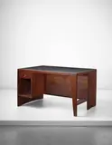 'Office table' desk with bookcase, model no. PJ-BU-02-A, designed for the Secretariat and administrative buildings, Chandigarh by Pierre Jeanneret, circa 1957-1958, East Indian rosewood, leather, aluminium, sold Apr 2015