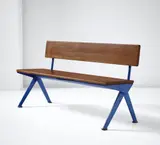 Jean Prouvé, 'Marcoule' bench, designed for the Centre d'études atomiques, Marcoule, 1955, Painted bent steel, painted tubular steel, oak