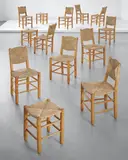 Charlotte Perriand, Set of ten dining chairs, model no. 18 and three stools, model no. 17, from 'L’Equipement de la Maison' series, Grenoble