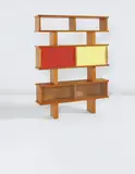 Bibliothèque, model no. 13, from 'L’Equipement de la Maison' series, Grenoble by Charlotte Perriand and Pierre Jeanneret, designed 1945, produced circa 1947-1952, Oak, painted plywood, glass, sold Apr 2015