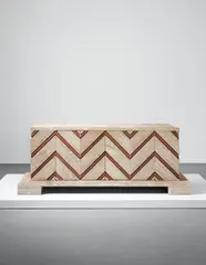 Jean Royere, Rare 'Chevron' sideboard, circa 1941, Limed oak, leather, brass studs