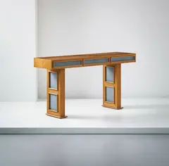 Console by Jean Royere, circa 1955, Oak, moleskin, offered Apr 2015