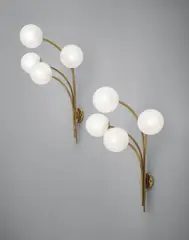 Sergio Asti, Pair of large four-armed wall lights, model no. 257, circa 1965, Opaque glass, tubular brass, brass