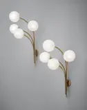 Sergio Asti, Pair of large four-armed wall lights, model no. 257, circa 1965, Opaque glass, tubular brass, brass
