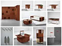 Joe Colombo, Interior, from Casa Zancopé, via San Francesco, Milan, 1962-1967, Comprising bookcase: ash, ash-veneered wood, nickel-plated metal, glass; desk: East Indian rosewood, East Indian rosewood-veneered wood, plastic-laminated wood, nickel-plated metal, glass; extendable dining table: oak, nickel-plated metal; sofa: walnut, fabric; ‘Combi centre’: walnut, aluminium; drinks cabinet: walnut, stainless steel plate, acrylic (interior drawer with manufacturer’s logo paper label BERNINI/ Made in Italy ); folding dressing table: walnut, mirrored glass, acrylic (interior drawer with manufacturer’s logo paper label BERNINI/ Made in Italy ); umbrella stands and coat hooks: nickel-plated brass. Each work manufactured by Berini, Milan, Italy. ‘Spider’ desk and standard lamps: painted aluminium, chromium-plated tubular metal, painted metal. Both lights manufactured by O-Luce, Milan, Italy. Each work together with a certificate of authenticity from Studio Joe Colombo