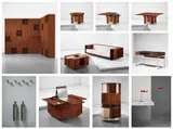 Joe Colombo, Interior, from Casa Zancopé, via San Francesco, Milan, 1962-1967, Comprising bookcase: ash, ash-veneered wood, nickel-plated metal, glass; desk: East Indian rosewood, East Indian rosewood-veneered wood, plastic-laminated wood, nickel-plated metal, glass; extendable dining table: oak, nickel-plated metal; sofa: walnut, fabric; ‘Combi centre’: walnut, aluminium; drinks cabinet: walnut, stainless steel plate, acrylic (interior drawer with manufacturer’s logo paper label BERNINI/ Made in Italy ); folding dressing table: walnut, mirrored glass, acrylic (interior drawer with manufacturer’s logo paper label BERNINI/ Made in Italy ); umbrella stands and coat hooks: nickel-plated brass. Each work manufactured by Berini, Milan, Italy. ‘Spider’ desk and standard lamps: painted aluminium, chromium-plated tubular metal, painted metal. Both lights manufactured by O-Luce, Milan, Italy. Each work together with a certificate of authenticity from Studio Joe Colombo