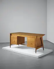 Gio Ponti, Desk, from an office of a law firm, Milan, 1953, Oak, oak-veneered wood, glass, brass