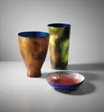Paolo De Poli, Two large vases and dish, circa 1962, Enamelled chased copper