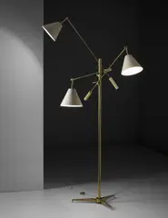 Arredoluce, 'Triennale' three-armed adjustable standard lamp, model no. 12128, circa 1951, Tubular brass, painted metal