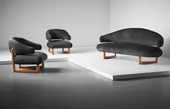Jean Royere, 'Sculpture' sofa and pair of armchairs, circa 1956, Beech, fabric