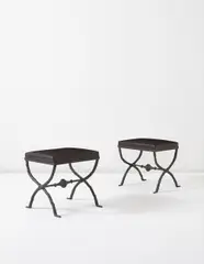 Diego Giacometti, Pair of 'Tabourets en X', première version, 1960s, Patinated bronze, steel, leather