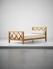 'Croisillon' bed by Jean Royere, circa 1955, Oak, fabric, offered Apr 2015