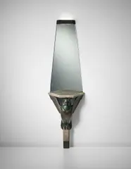Albert Cheuret, Rare 'Hibou' wall-mounted console with illuminated mirror, circa 1925, Patinated bronze, marble, mirrored glass, opaque glass
