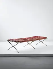 Unknown Designer, Rare folding campaign bed, from the private collection of King Georg V, Royal House of Hanover, Schloss Marienburg, circa 1800, Forged iron, maroquin leather