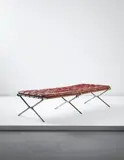 Unknown Designer, Rare folding campaign bed, from the private collection of King Georg V, Royal House of Hanover, Schloss Marienburg, circa 1800, Forged iron, maroquin leather