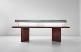 Pierre Jeanneret, Illuminated reading table, model no. PJ-TAT-10-B, designed for the Assembly and the University Library, Chandigarh, 1963-1964, Teak-veneered wood, teak, painted steel, painted metal, frosted glass