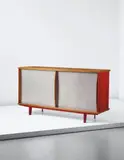 Unique sideboard, model no. BA 12 by Jean Prouvé, circa 1952, Oak, oak-veneered wood, painted bent sheet steel, diamond point aluminium, sold Apr 2015